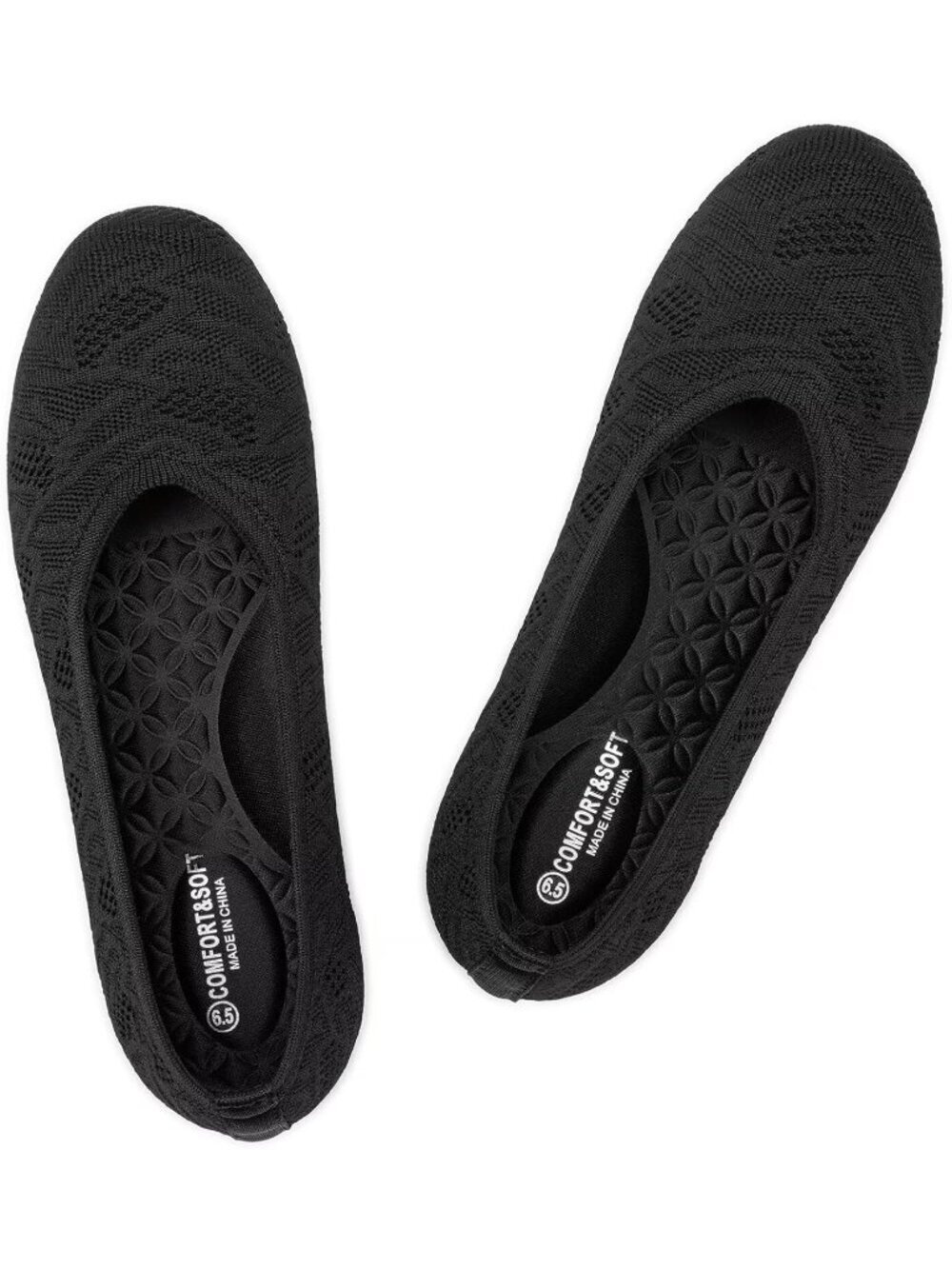 Women's Black 4 Ballet Flat Low Wedge Comfort Soft Round Toe Slip Shoes